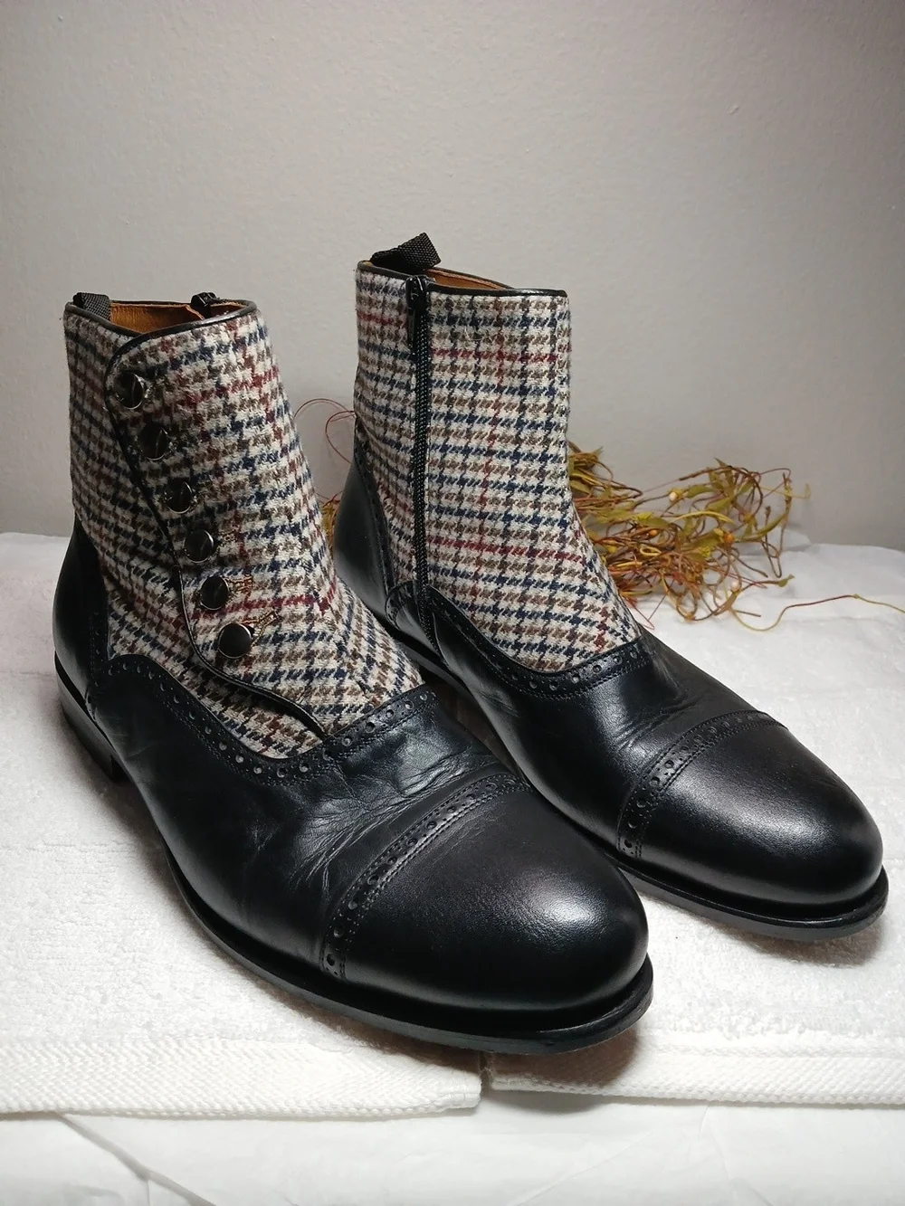 Taft Black Leather & Houndstooth Ankle Boots